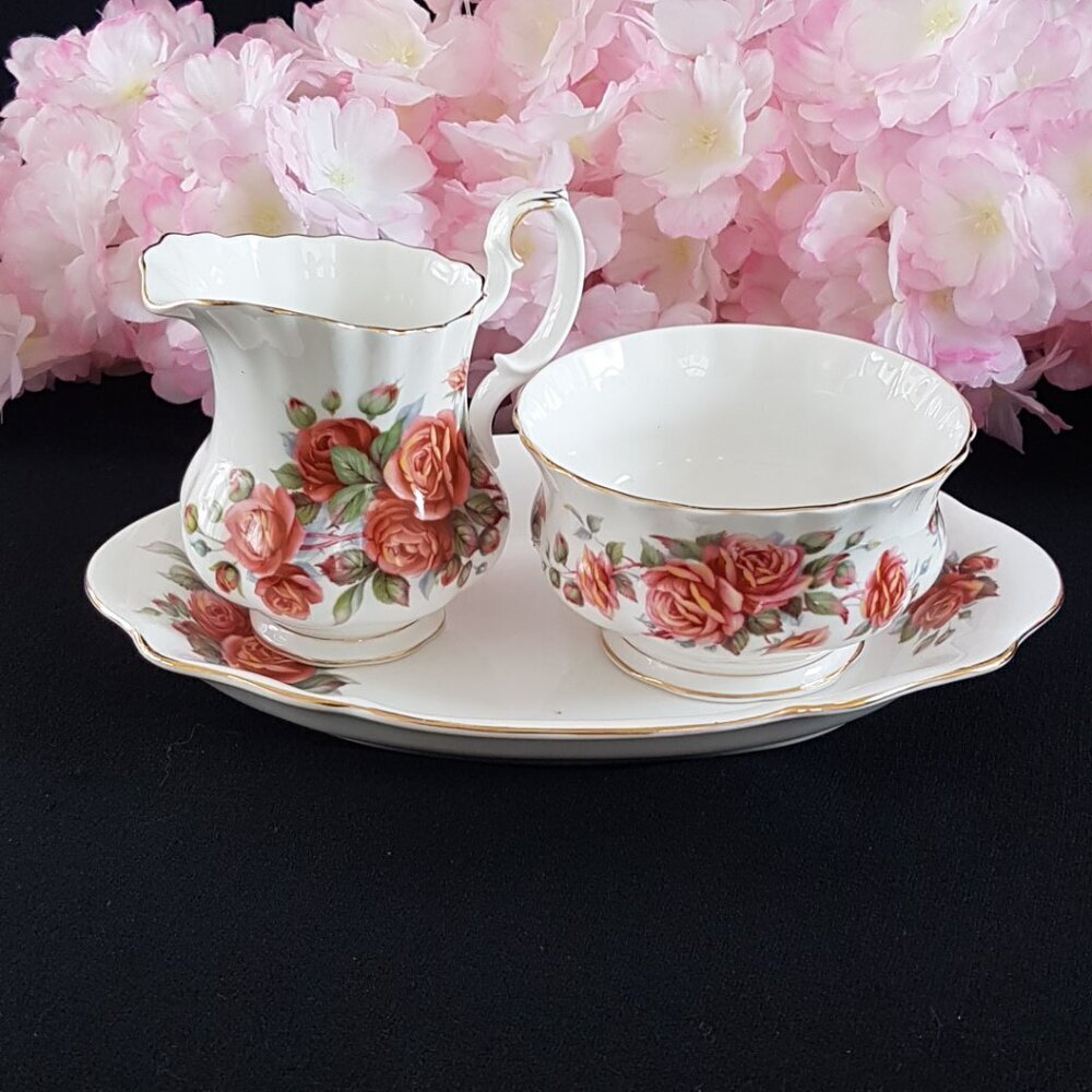 3pc Royal Albert Centennial Rose Bone China Cream Sugar and Tray Set